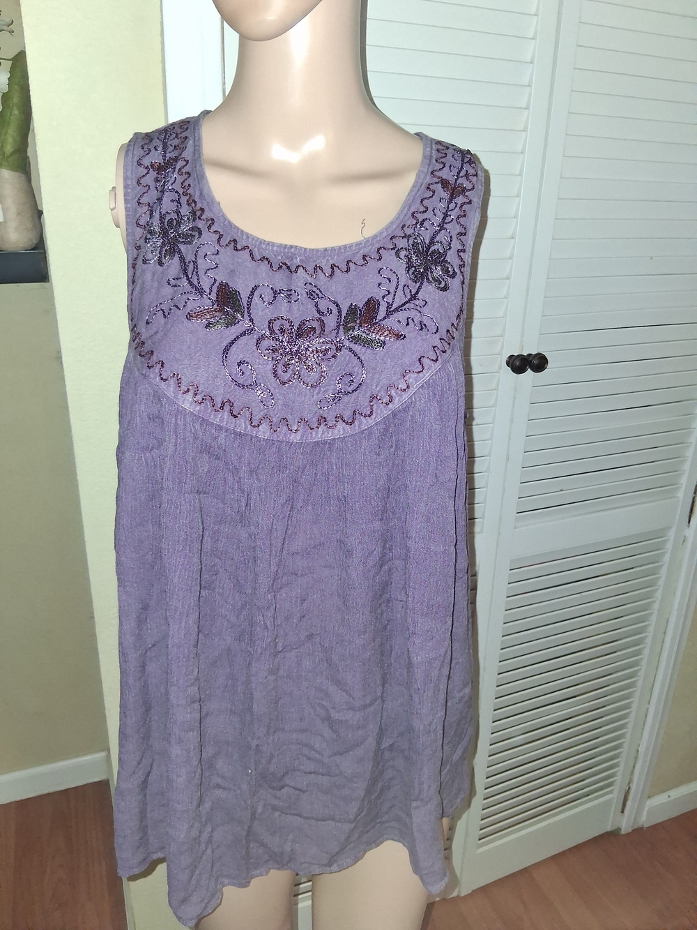 Vintage 90s Gypsy Rose Embroidered Purple Crinkle Gauze Boho Festival Tunic Top